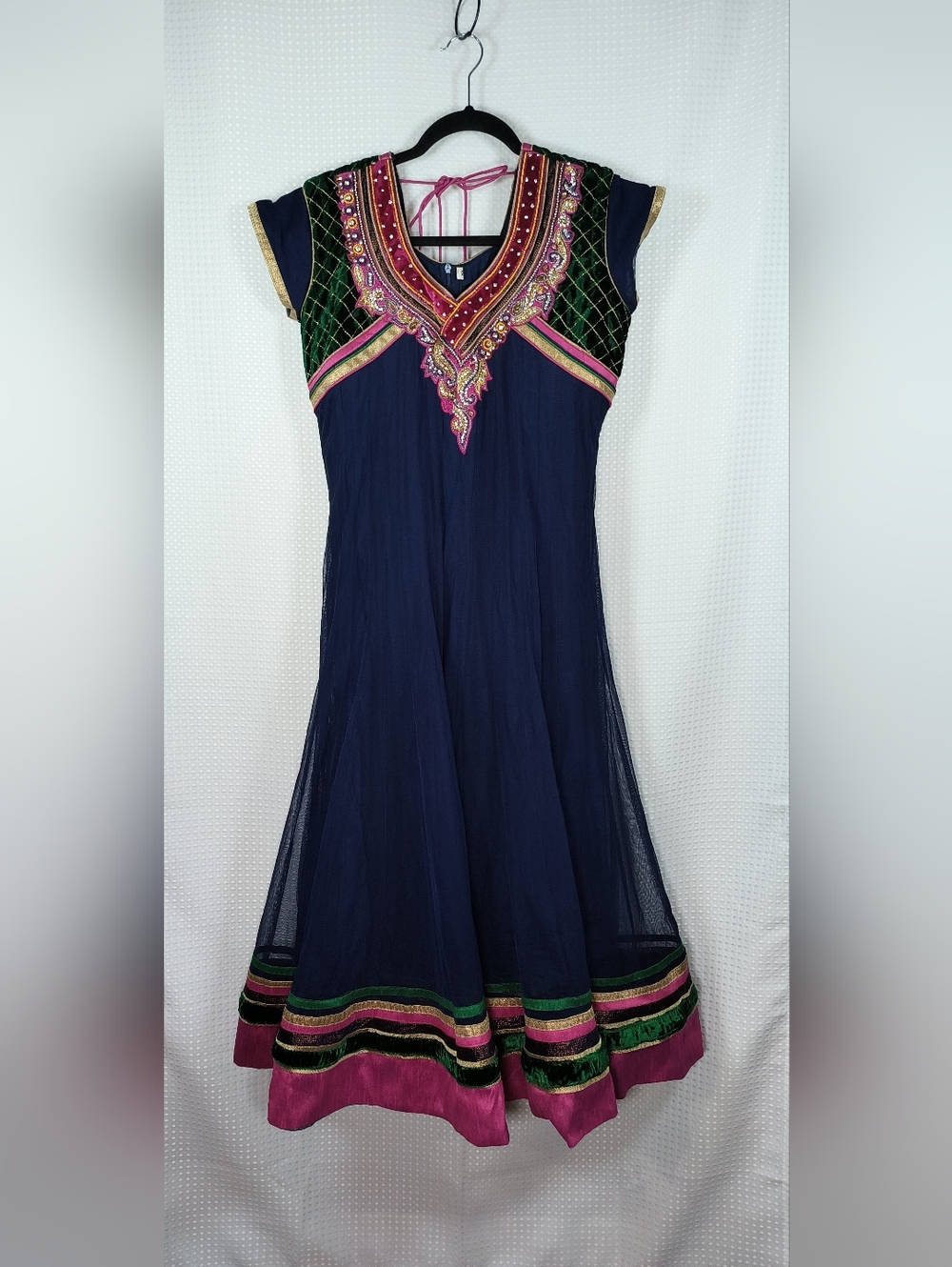 Navy Blue & Pink Embroidered Anarkali Dress | Velvet Bodice | Formal Ethnic Maxi